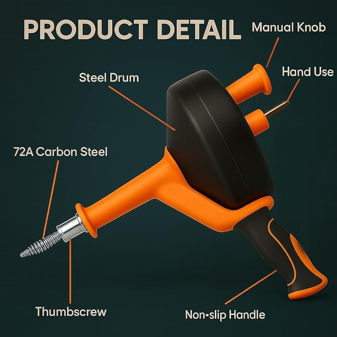 50 FT Drain Snake Hair Drain Clog Remover, Manual Or Powered, Plumbing Snake With Drill Adapte,Unclog Sink Drain Tool, Drain Auger for Toilet、Shower、Kitchen、Sink, No Auto Retract Or Feed, Orange