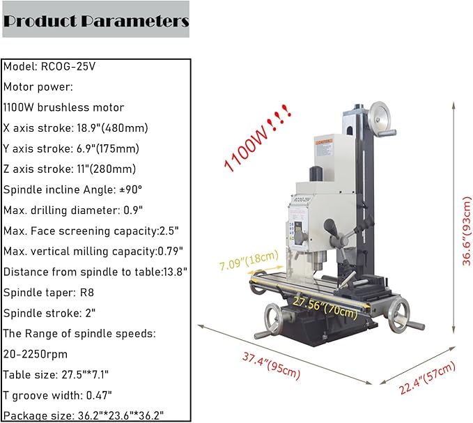 Benchtop Mini Milling Drilling Machine, Brushless Milling Drilling Machine, 110V, 1100W, 50-2250rpm