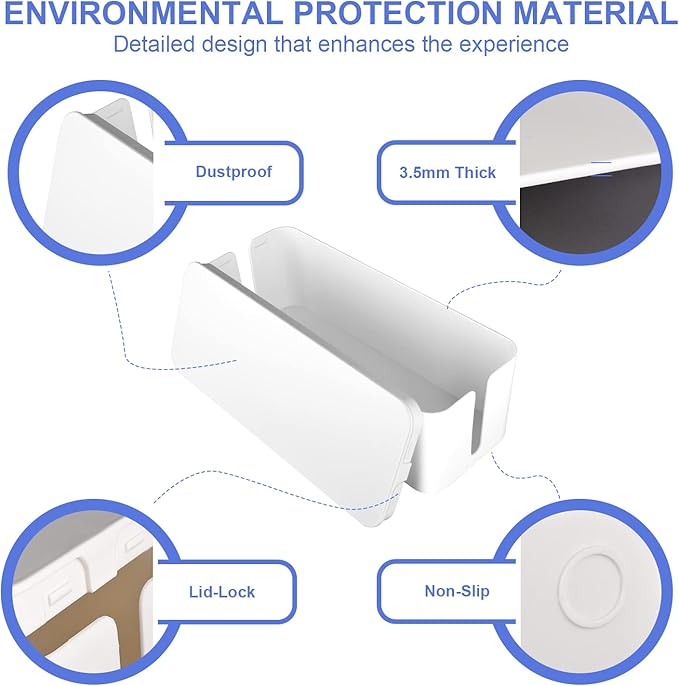 Cable Organizer Box Set of Three, Power Cover Cord Holder Surge Protector for Desk (White)