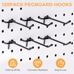 INCLY 120 Pack Black Pegboard Hooks, 4/6/8 Inch Peg Board Shelving Hooks Accessories, Peg Board Tool Hangers Fit for 1/8“ and 1/4" Pegboard Hanging Tools for Garage, Craft Room, Kitchen, Store