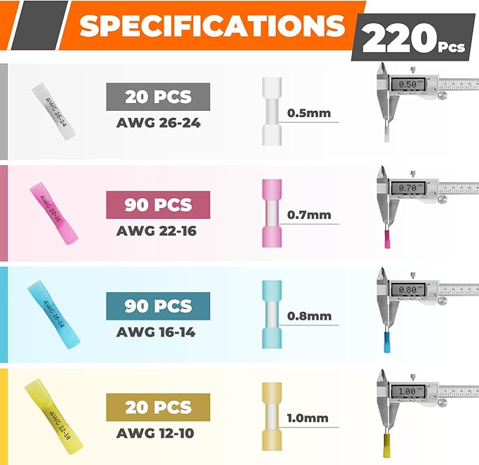 Crimping Tool For Heat Shrink Connectors, 220PCS AWG 26-10 Waterproof Automotive Marine Grade Heat Shrink Butt Connectors and Wire Stripper