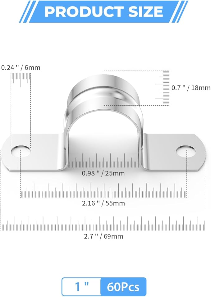 60Pcs 1 Inch (25mm) 304 Stainless Steel Conduit Clamps, U-Tube Strap Pipe Clamp 2 Hole Strap U Bracket Rigid Pipe Strap Clamps Metal Conduit Strap Tension Clips U-tube Clamp