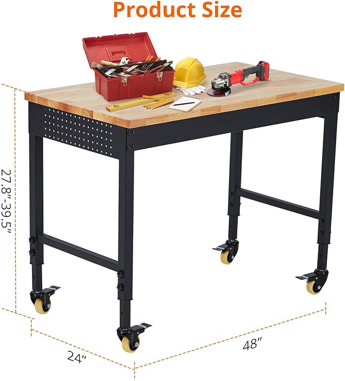 Work Bench 48" Adjustable Height, Heavy-Duty Portable Workbench with Power Outlets for Garage & Workshop, 2000 LBS Load Capacity, Work Table for Office, Home, Easy Assembly
