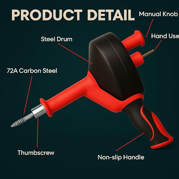 50 FT Drain Snake Hair Drain Clog Remover, Manual Or Powered, Plumbing Snake With Drill Adapte,Unclog Sink Drain Tool, Drain Auger for Toilet、Shower、Kitchen、Sink, No Auto Retract Or Feed, Red