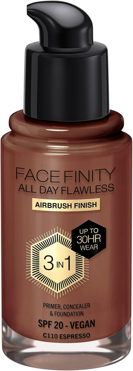 Max Factor Facefinity 3-in-1 All Day Flawless Liquid Foundation, SPF 20-110 Espresso, 30 ml-VeraVaultWomen