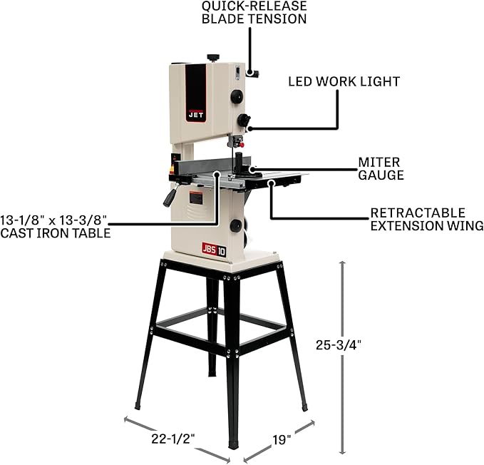 JET 10-Inch Woodworking Bandsaw with Stand, 1/2 HP, 115V 1Ph (Model JWB-10)
