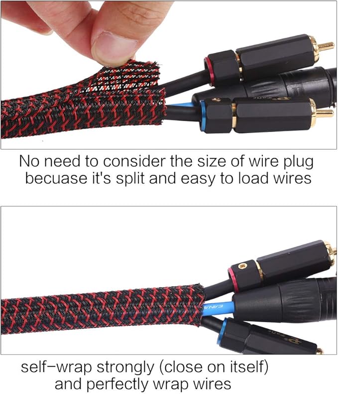 Alex Tech 10ft - 3/8 inch Cord Protector Wire Loom Tubing Cable Sleeve Split Sleeving For USB Cable Power Cord Audio Video Cable – Protect Cat From Chewing Cords - Blackred