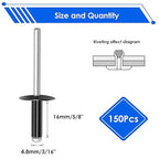 smseace 3/16" x 5/8" Rivets 150 Pcs Black Large Flange Rivets 4.8 x 16mm Black Rivets