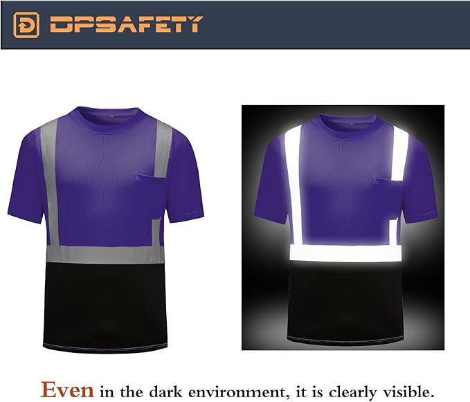 High Visibility Shirts Quick Dry Safety T Shirts with Reflective Strips and Pocket Short Sleeve Mesh Hi Vis Construction Work Class 2 Shirt for Men/Women Black Bottom Purple,Large