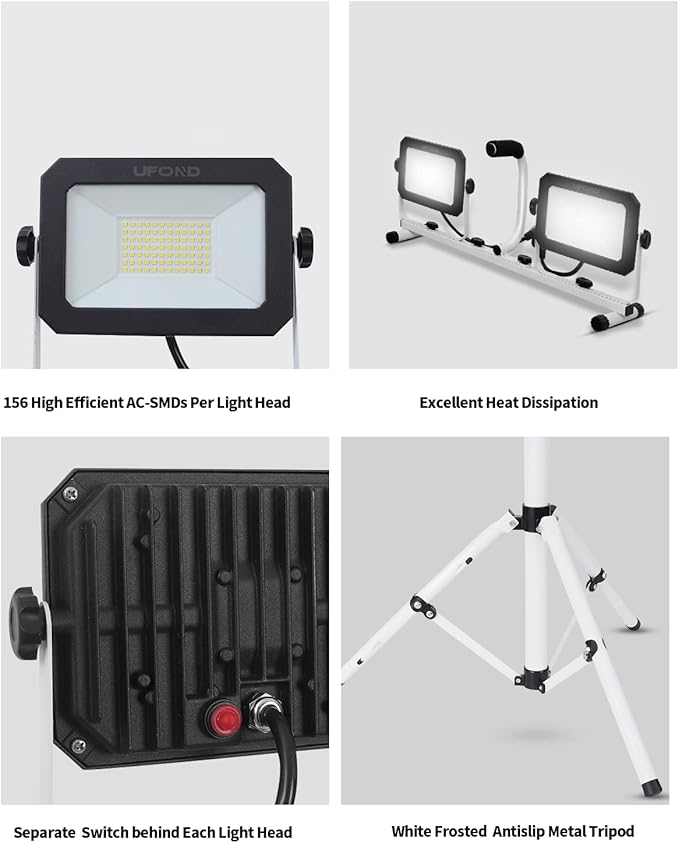 UFOND 10000 Lumen LED Work Light with Stand,Detachable Waterproof Dual Head Work Lights,Individual Switch Floodlight with TelescopingTripod,Work Lamp with Power Cord for Construction Site