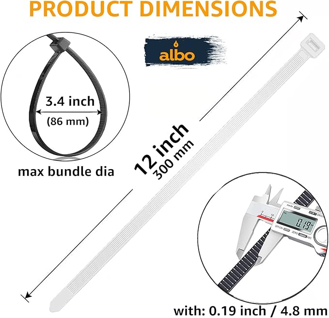 ALBO Zip Ties White 12 Inch 1000 Pack 50 lb, Long Plastic Cable Ties Thick 0.19 Inch Tie Wraps Heavy Duty UV Resistant Nylon Wire Ties for Indoor and Outdoor