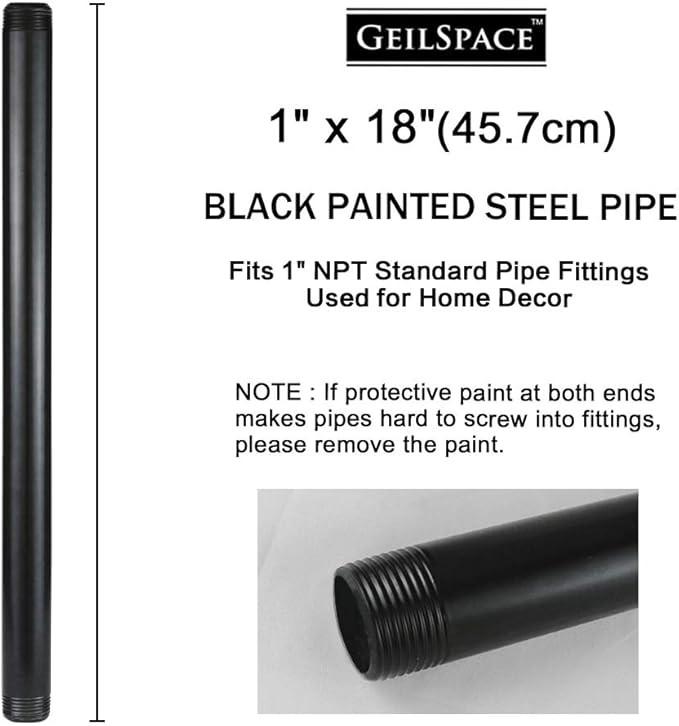 GeilSpace 1" × 18" Pre-Cut Black Metal Pipe, Industrial Steel Fits Standard One Inch Black Threaded Pipes and Fittings - Vintage DIY Industrial Shelving (1" × 18")