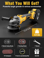 Brushless Angle Grinder, for DEWALT 20V Battery, 4-1/2" Cordless Small Angle Grinder with Auxiliary Handle, 10 Sandpapers, 2 Cutting & 2 Grinding Wheels, Pin Wrench, Lock-on Slide Switch for Polishing
