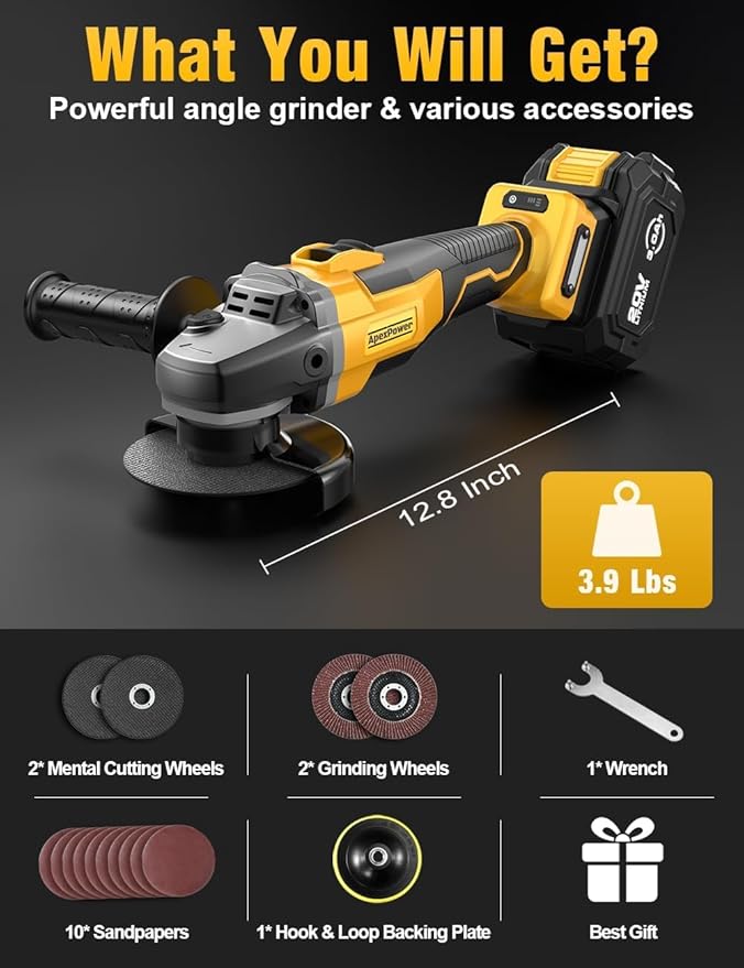 Brushless Angle Grinder, for DEWALT 20V Battery, 4-1/2" Cordless Small Angle Grinder with Auxiliary Handle, 10 Sandpapers, 2 Cutting & 2 Grinding Wheels, Pin Wrench, Lock-on Slide Switch for Polishing
