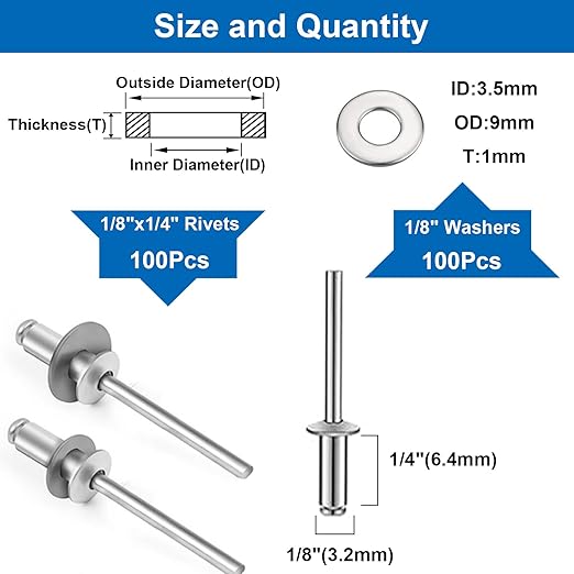 smseace 200Pcs1/8"x1/4" Pop Rivets with Washer Assortment Kit 3.2x6.4mm Pop Rivets and 1/8" 304 Stainless Steel Backup Washers Aluminum Rivets kit for Metal/Furniture/Automotive/Instruments