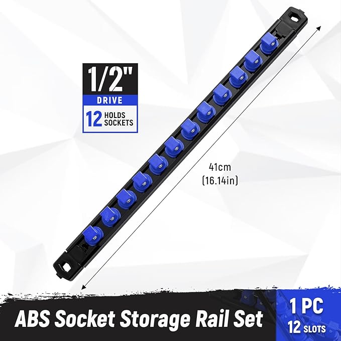 Magnetic Socket Organizer, 1-Piece Heavty Duty ABS Socket Holder, Socket Rail for Tool Box, Premium Quality 360° Swivel Socket Rack with 12 Clips for 1/2-Inch(Blue)