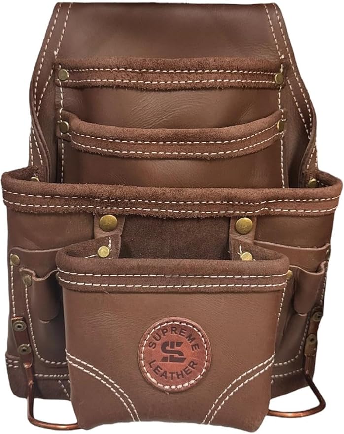 Supreme Leather Tool Pouch for Construction Carpenter Tool Bag Electrician's Pouch | 10 Pockets 2 Stainless Steel Hammer Holders Top Grain Leather Bag