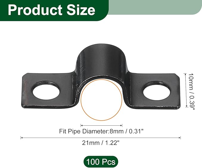uxcell 100Pcs U-Shaped Pipe Clamp, 5/16 Inch(8mm) 2 Hole U-Tube Strap Clamp Heavy Duty Connector Bracket for Conduit Cables Wire Cord, Black