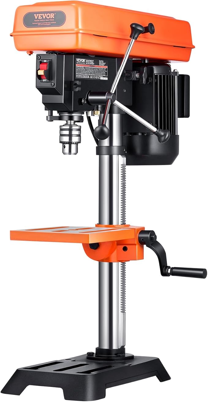 VEVOR 10 in Benchtop Drill Press, 6.2A Induction Motor, Tabletop Drilling Machine with 610/940 / 1500/2150 / 2800 RPM Adjustable Speed, 0-45° Tilting Worktable, LED Work Light, for Wood Metal