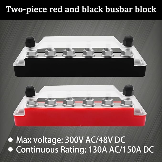 (Red+Black) Power Distribution Terminal Block with Cover with 6 x 1/4” (M6) Post,Battery 12V Bus Bar with Ring Terminals for Car Boat Marine