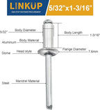 Linkup 100pcs pack 5/32" x 1-3/16" Pop blind Rivets, 4mm x 30mm pop rivets,Aluminum Body Steel Mandrel Rivets (Sliver),Dome Head aluminum rivets