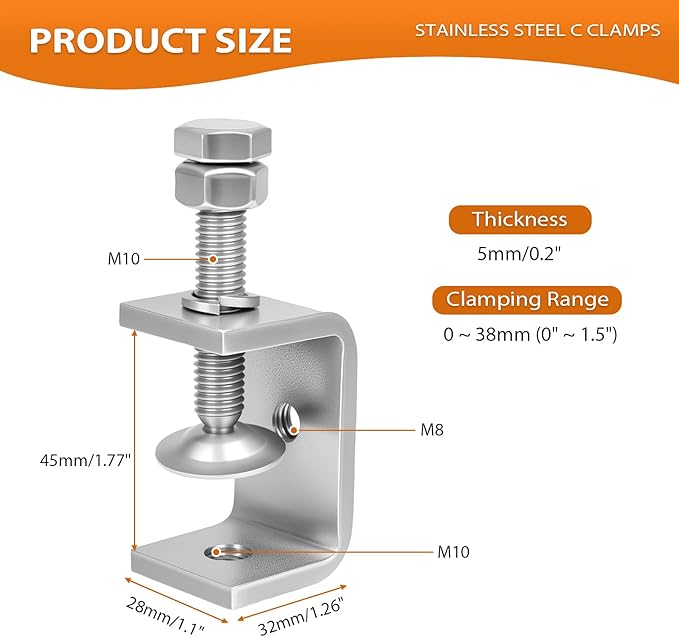 1-3/4 Inch C Clamps, 2 Pack 304 Stainless Steel C Clamps for Woodworking and Welding, Stable Wide Jaw Opening Tiger Clamp for Construction Household Mount(45mm)