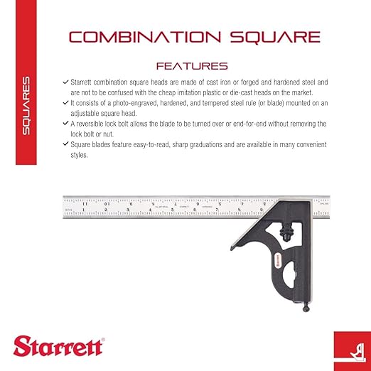 Starrett Steel Combination Square with Square Head - 12" Blade Length, Cast Iron Heads, Reversible Lock Bolt, Spirit Level, 16R Graduation Type - 11H-12-16R