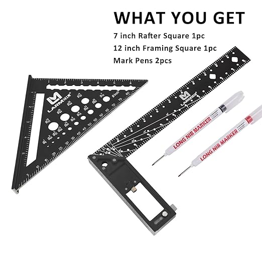 Rafter Square 7 Inch and Framing Square 12 Inch Carpenter Square Set, Aluminum Woodworking Square Tool Ruler for Woodworking, Black