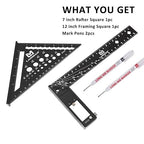 Rafter Square 7 Inch and Framing Square 12 Inch Carpenter Square Set, Aluminum Woodworking Square Tool Ruler for Woodworking, Black