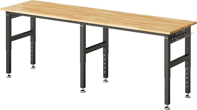 SPECRAFT 96“ Adjustable Heavy Duty Workbench with 4 AC Outlet and 2 USB Ports Power Outlets, 5000 Lbs Capacity, Rubber Wood Top for Garage, Workshop, Office