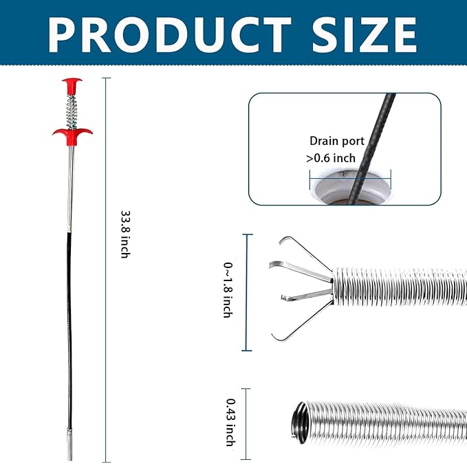 33.8 inch Drain Snake Hair Drain Clog Remover Tool - Sink Drain Cleaner for Toilet Sewer Shower Kitchen Bathroom Tub Clogged Drains Opener Cleaning Tool, Flexible Grabber Claw Pick Up Tool