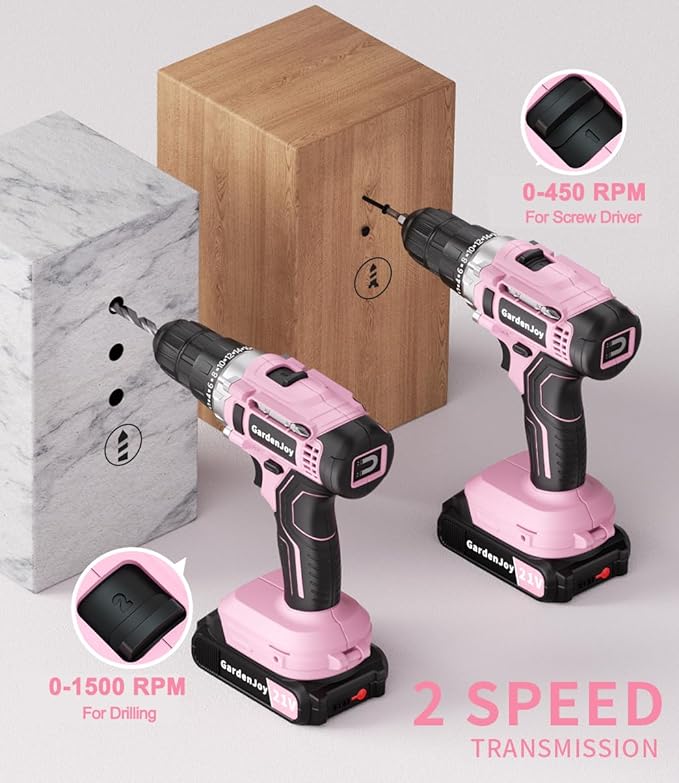 GardenJoy Cordless Power Drill Set - 21V Electric Drill Driver Kit with Battery and Fast Charger, 65pcs Acessories, 2 Variable Speed Control, 3/8-Inch Keyless Chuck and 24+1 Torque Setting