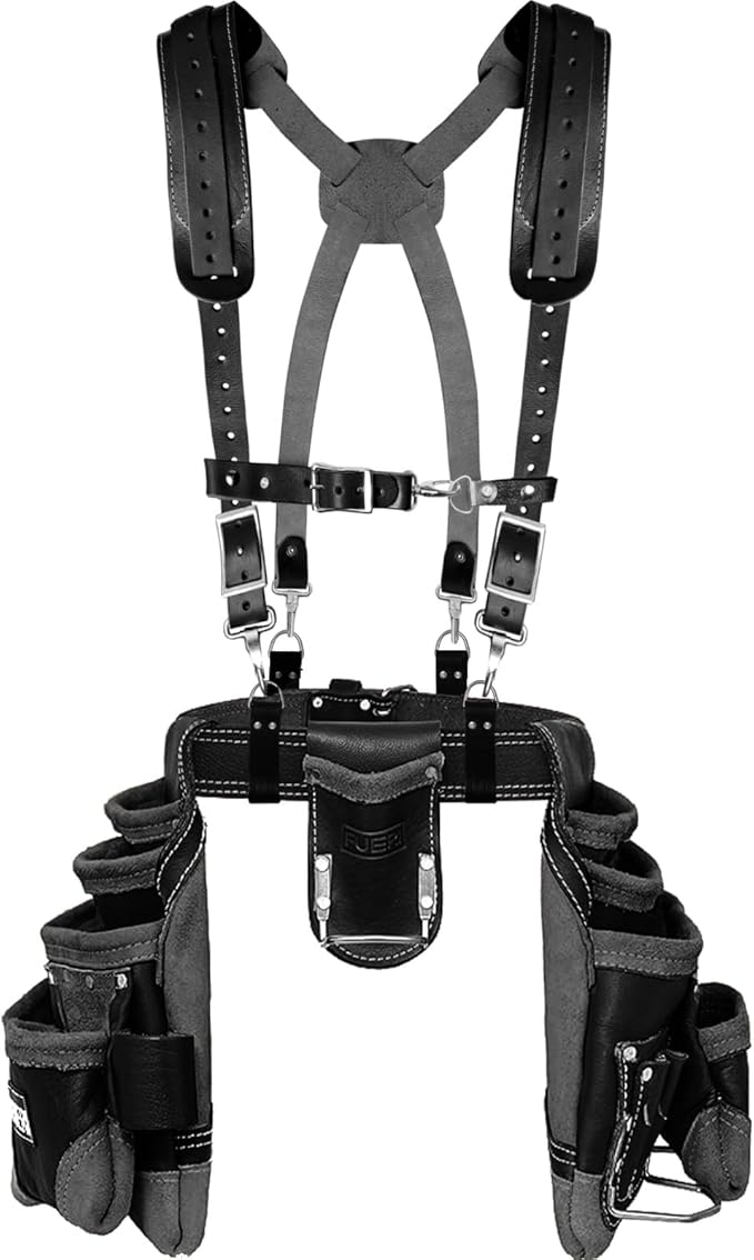 FUERI Leather Tool Belt with Suspenders Heavy Duty Bags Dual Hammer Holsters Tool Pouches for Men Construction Carpenters Electricians Framers Women Workers 16 Pockets