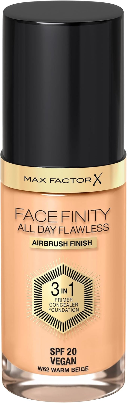 Max Factor Facefinity 3-in-1 All Day Flawless Liquid Foundation, SPF 20-62 Warm Beige, 30 ml-VeraVaultWomen
