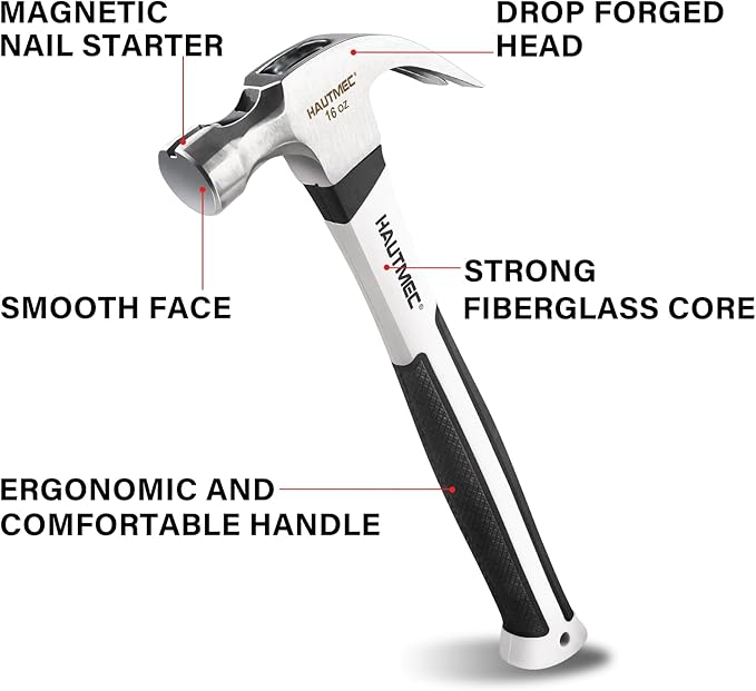 HAUTMEC 16 oz Claw Hammer, Drop Forged Claw Hammers with Magnetic Nail Holder and Firberglass Handle, Curved Jaw of Nail Puller, Smooth Face, HTMAM25003