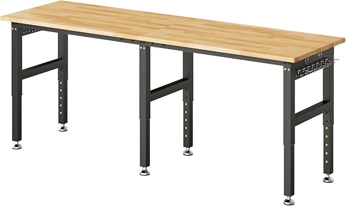 SPECRAFT 84“ Adjustable Heavy Duty Workbench with 4 AC Outlet and 2 USB Ports Power Outlets, 5000 Lbs Capacity, Rubber Wood Top for Garage, Workshop, Office