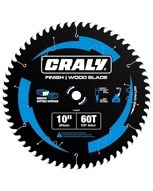 CRALY 10 Inch 60 Teeth Fine Finish Wood Cutting Circular Saw Blade, 5/8 Inch Arbor, Carbide Tipped, Thin Kerf, Black Ice Coating, for Wood Cutting Table Saw, Miter Saw(C1060FF)