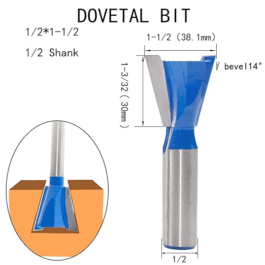 1-1/2” Dovetail Router Bit 1/2 Shank Half-Blind & Through Dovetail Bits Wood Joints Cutter Tool for Making Boxes Drawers Chests for Engraving Router planing Head Wood Cutter