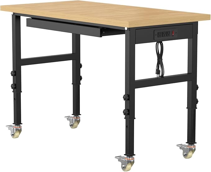 48" Adjustable Workbench,Heavy-Duty Work Table,3000 LBS Load Capacity Particleboard Hardwood Workstation Outlets with Power Strips, Drawers and Wheels,for Workshop, Garage