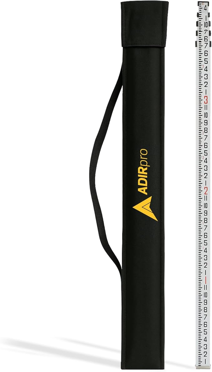 AdirPro 14-Foot Aluminum Grade Rod – 8ths, Dual Sided 5-Section Telescopic Leveling Rod – Bubble Level and Soft Carrying Case Included