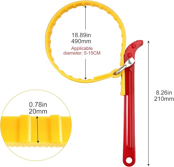 Belt Strap Wrench 8 Inches, Multifunctional Steel Handle Adjustable Strap Wrench for Replacing Water Filter, PVC Pipe Joints, Oil Filter, Swimming Pool Connection (Red Handle, Yellow Strap)
