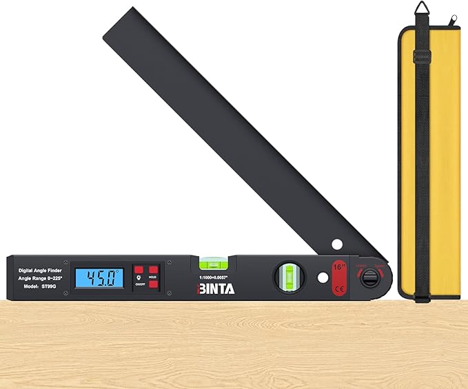 BINTA Digital Angle Finder 0-225° Range, Aluminum Backlit LCD Digital Protractor with Horizontal/Vertical Dual Bubble Meter Storage Bag for Woodworking, Construction, Machinery, Home DIY (Black)