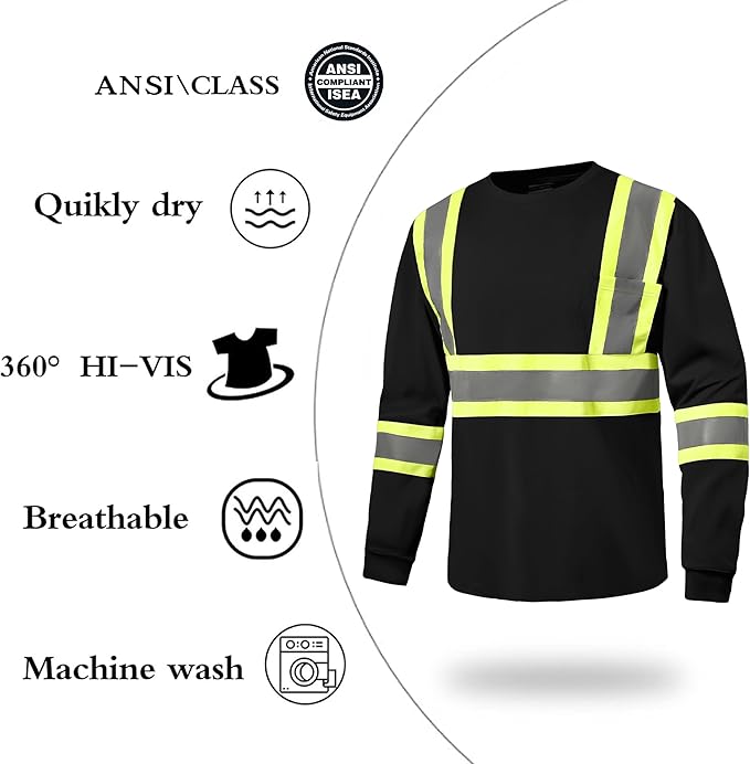 Hi Vis Safety Long Sleeve Shirts，High Visibility Class 3 T Shirts with Reflective Strips and Pocket, Quick Dry Mesh Construction Work Shirt for Men/Women (Black,Small)