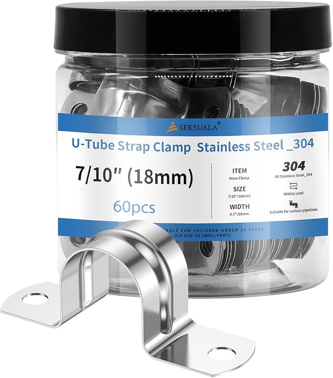 60Pcs 7/10 Inch (18mm) 304 Stainless Steel Conduit Clamps, U-Tube Strap Pipe Clamp Two Hole Strap U Bracket Rigid Pipe Strap Clamps Metal Conduit Strap Tension Clips U-tube Clamp Heavy Duty
