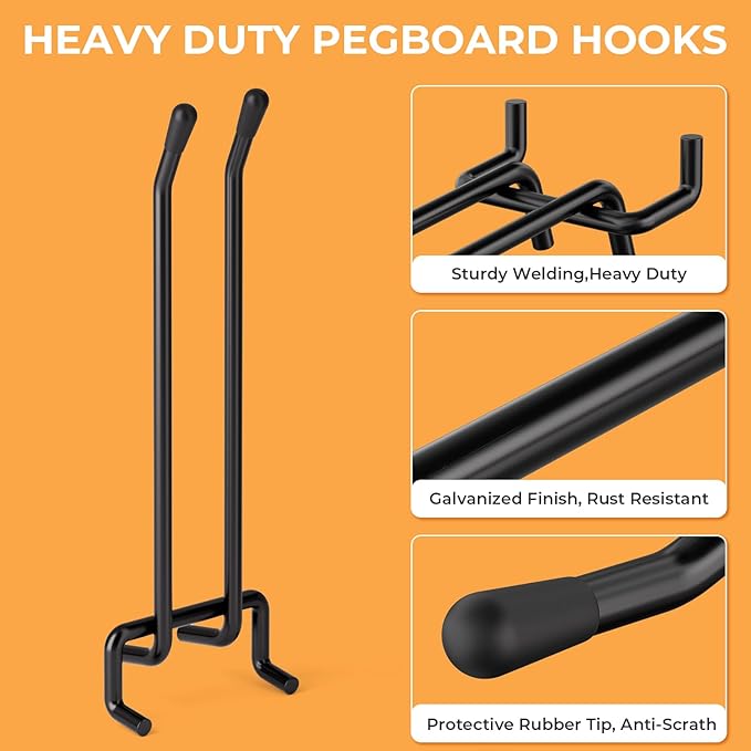 INCLY 4/6 Inch Black Pegboard Hooks, 36 Pack Heavy Duty Double Arm Peg Board Straight Hooks, Peg Board Tool Hangers Fit for 1/4" Pegboard Garage Hanging Tools, Craft Organizing, Kitchen, Store