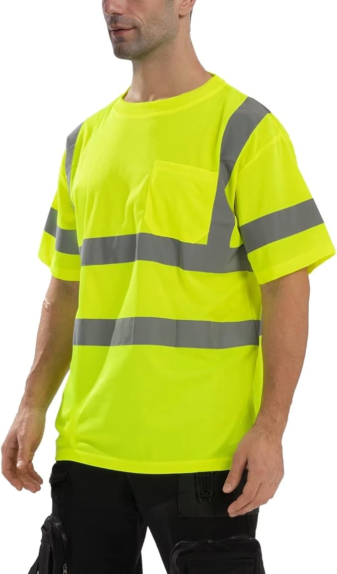High Visibility Class 3 T Shirts，Hi Vis Safety Shirts with Reflective Strips and Pocket, Short Sleeve Quick Dry Mesh Construction Work Shirt for Men/Women Lime,XL