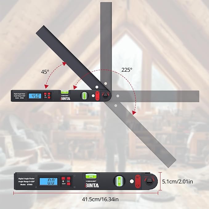 BINTA Digital Angle Finder 0-225° Range, Aluminum Backlit LCD Digital Protractor with Horizontal/Vertical Dual Bubble Meter Storage Bag for Woodworking, Construction, Machinery, Home DIY (Black)