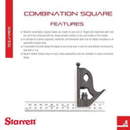 Starrett Steel Combination Square with Square Head - 150mm Blade Length, Cast Iron Heads, Hardened Steel, Reversible Lock Bolt, Scriber, 35 Graduation Type - C11MH-150