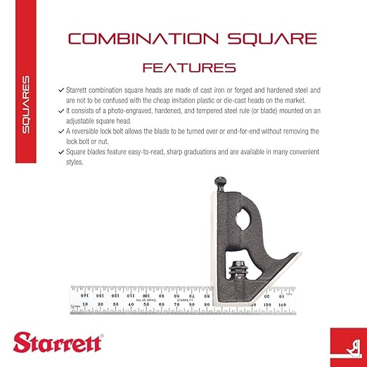 Starrett Steel Combination Square with Square Head - 150mm Blade Length, Cast Iron Heads, Hardened Steel, Reversible Lock Bolt, Scriber, 35 Graduation Type - C11MH-150