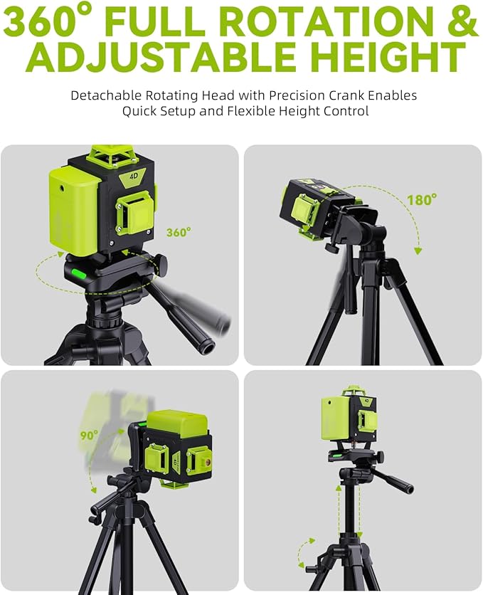 Laser Level with Tripod, 16 Line 360° Self-Leveling 4D Green Cross Line Laser with 2 Batteries, Aluminum Stand, Adjustable Brightness, Magnetic Bracket, Remote Control